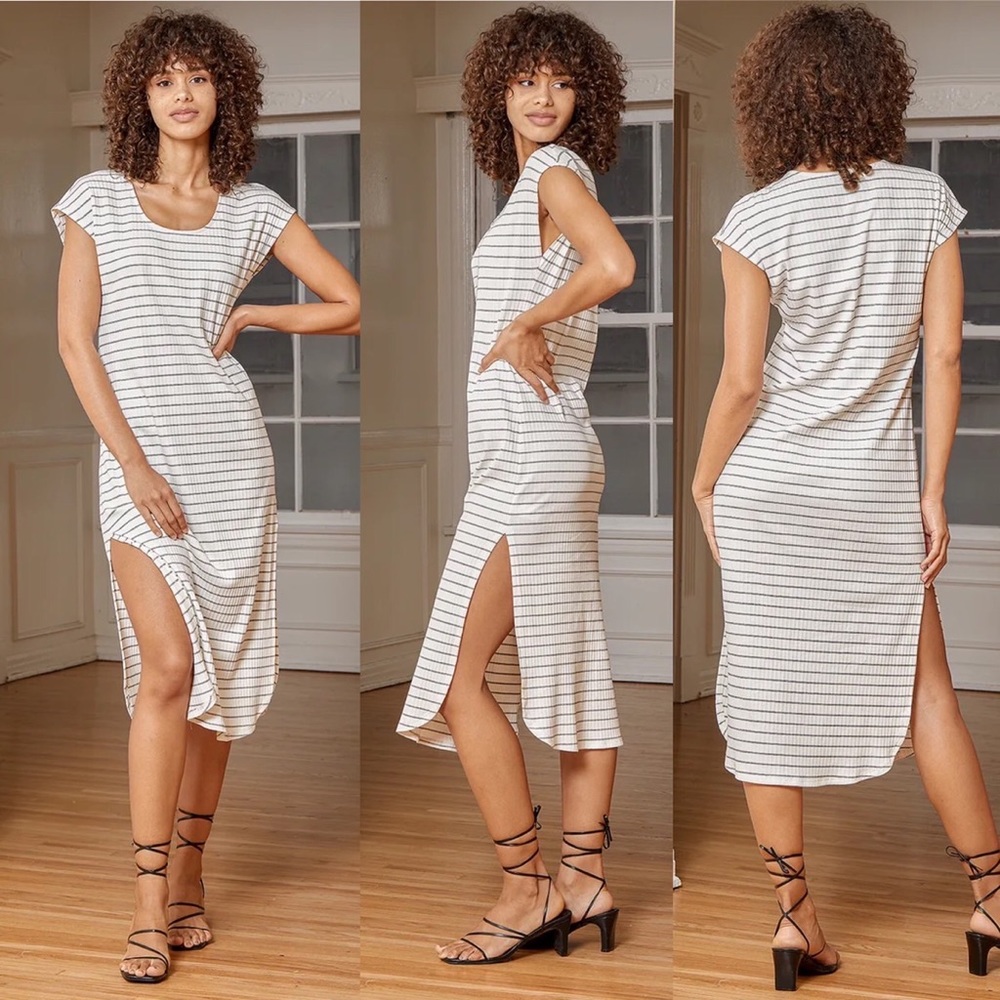 White Striped Ribbed Short Sleeve Midi Dress
